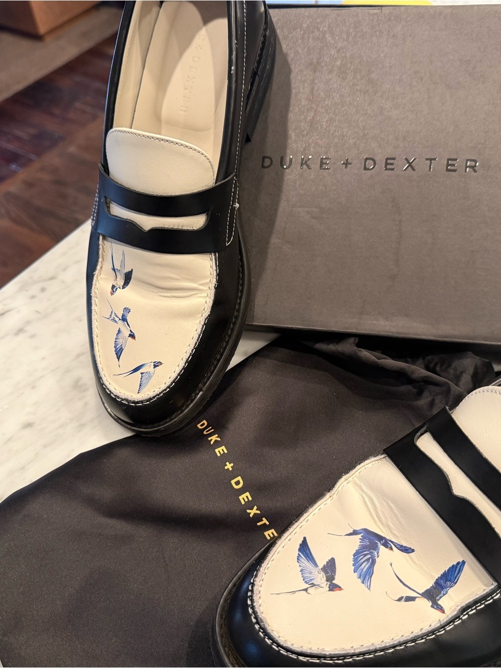 Duke + Dexter Black and Cream Leather Penny Loafers with Blue Bird Print